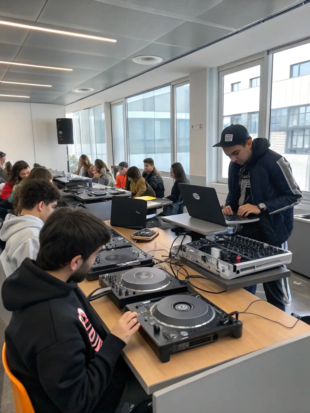 A vibrant image of a DJ instructor demonstrating techniques on a turntable to a small group of students in a modern studio setting, emphasizing hands-on learning.