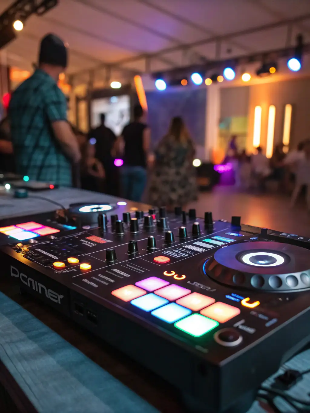 An image showcasing a rental package of DJ equipment available at Voice and Vision, including turntables, mixers, and speakers, set up in a home studio environment.