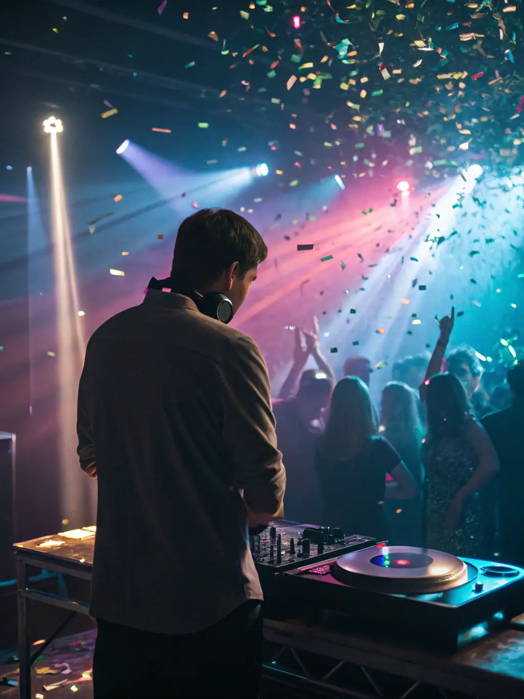 A dynamic photo capturing the energy of a live DJ event hosted by Voice and Vision, featuring a DJ performing in front of a crowd with vibrant lighting and sound equipment.
