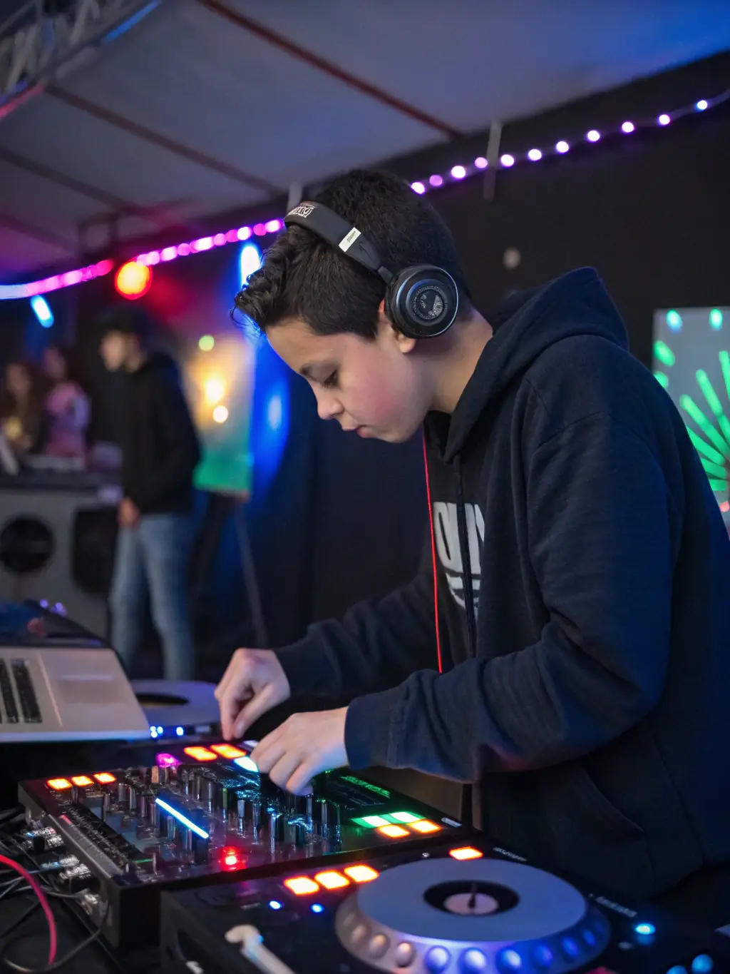 A close-up shot of a student confidently using professional-grade DJ equipment during an advanced class at Voice and Vision, showcasing the quality of instruction.